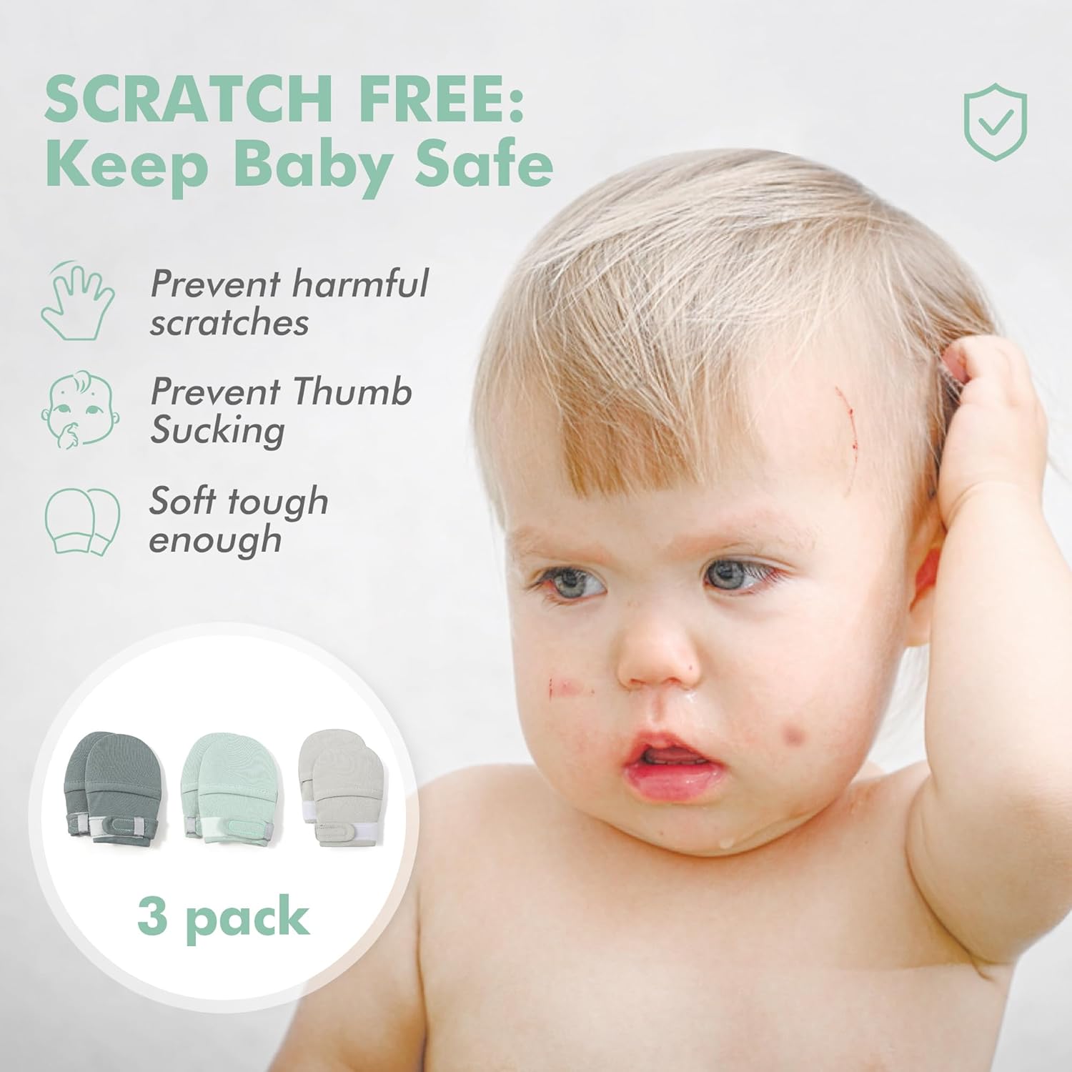 HAPIU Baby No Scratch Mittens Stay On, 100% Cotton Breathable, Adjustable Infant Gloves for Boys