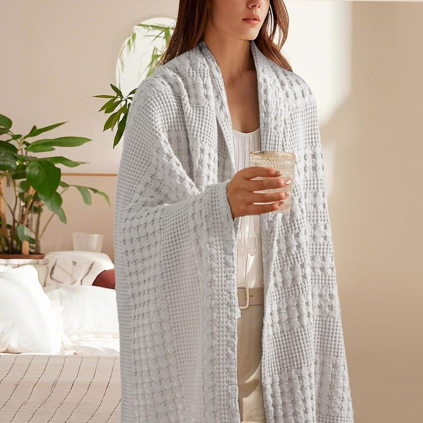 PHF 100% Cotton Waffle Weave Throw Blanket, Soft Lightweight Breathable Cozy Summer Throws for