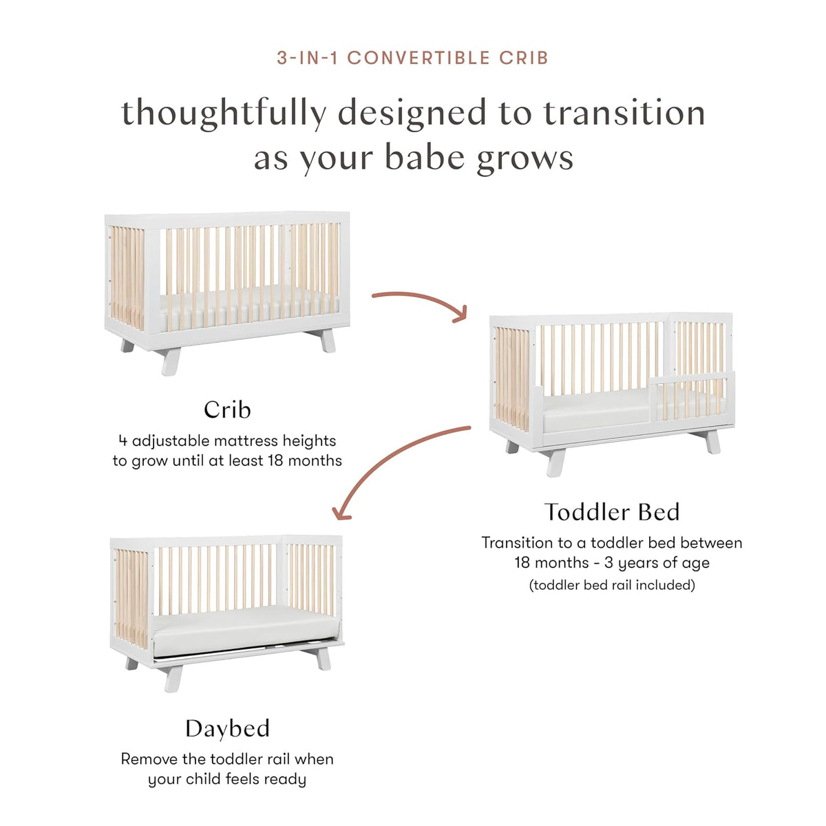 Babyletto Hudson 3-in-1 Convertible Baby Crib with Wooden Toddler Bed & Daybed Conversion - Easy to