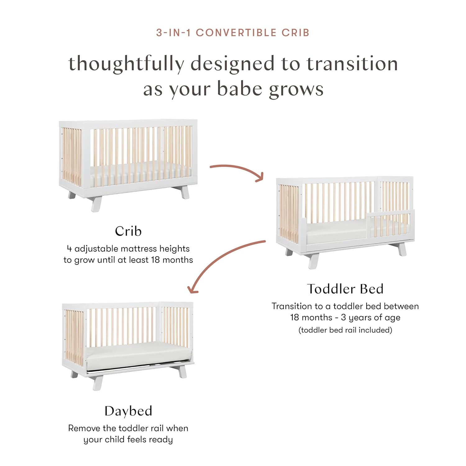 Babyletto Hudson 3-in-1 Convertible Baby Crib with Wooden Toddler Bed & Daybed Conversion - Easy to