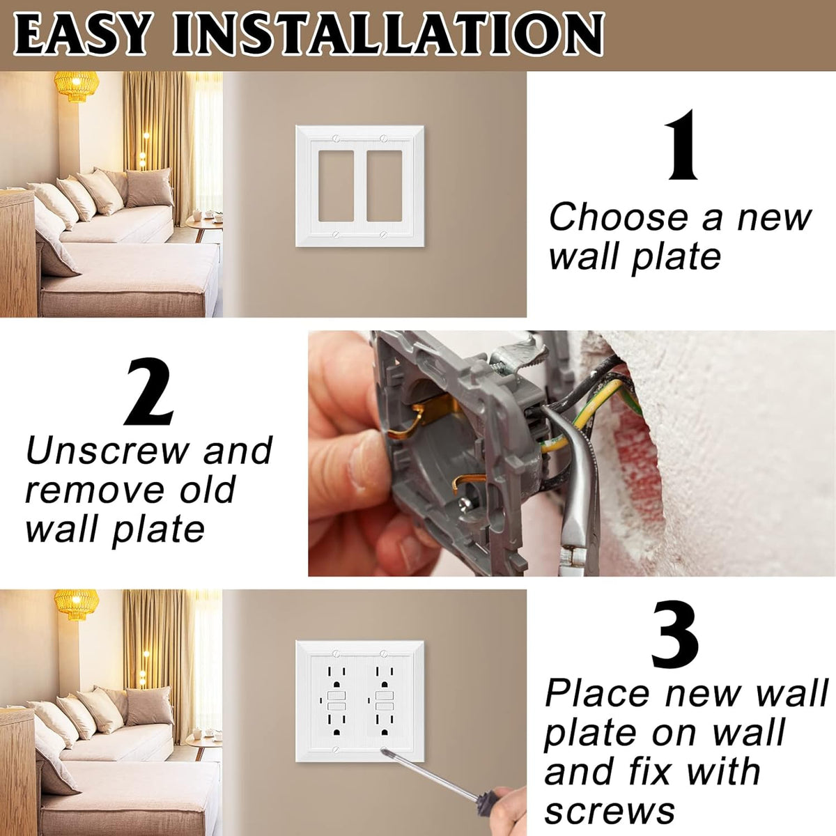 Modern Decorative Wall Plate Switch Plate Outlet Cover, Vintage Retro Wood Grain Design (Double