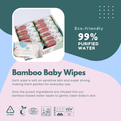 Eco Wave Baby Wipes, 100% Compostable Eco-Friendly Bamboo Wipes, Unscented, Hypoallergenic, Vegan