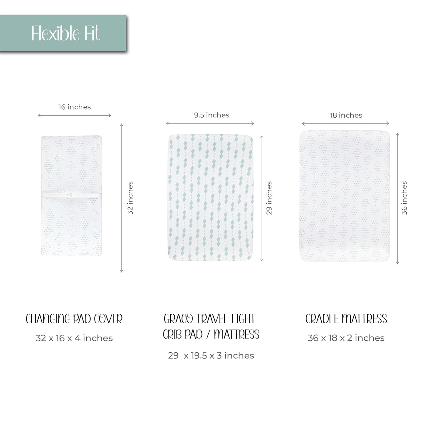 Changing Pad Cover - Cradle Sheets Fits Baby Mattress Sheet 36" X 18 - Unisex Grey Sage Diamond - 2