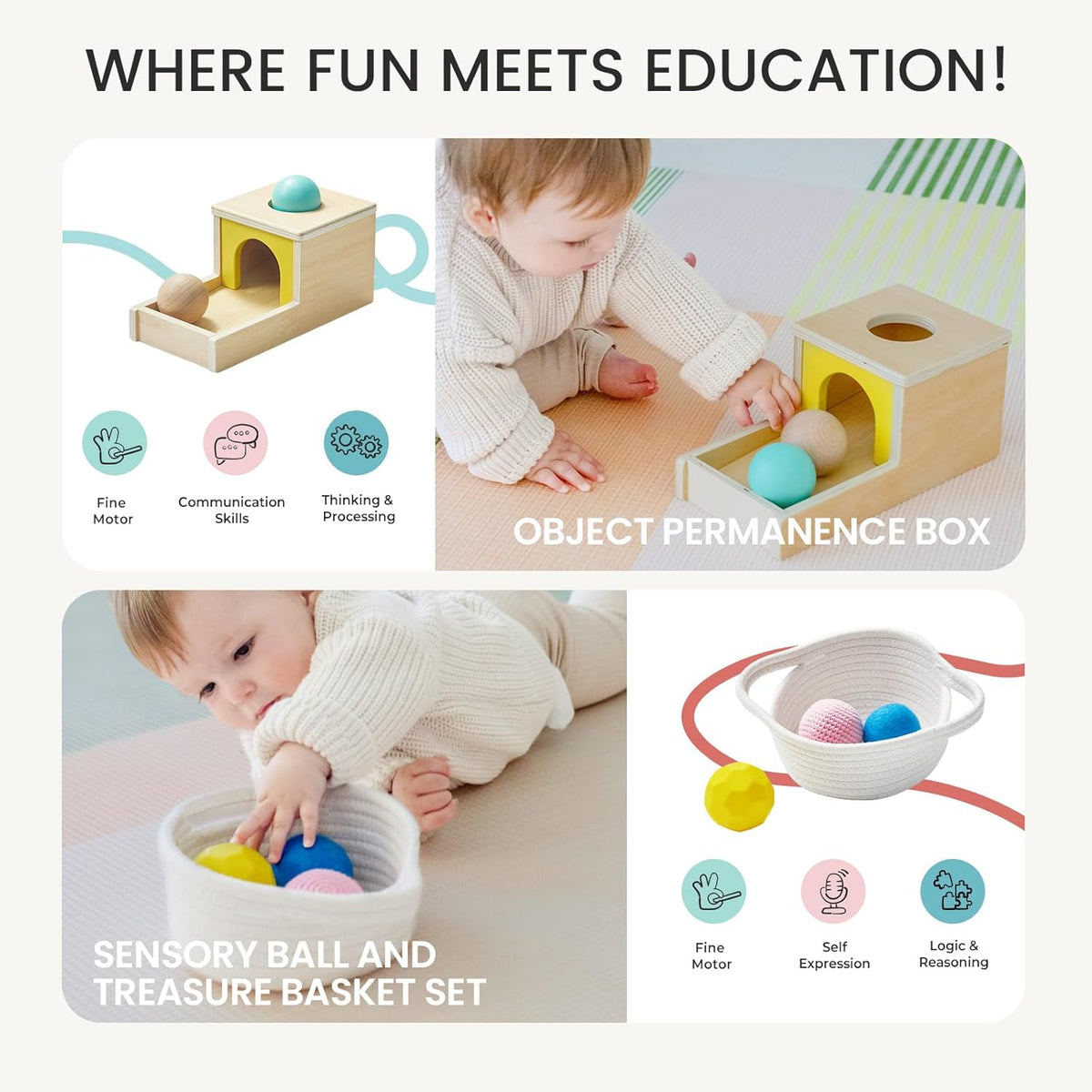 Tiny Land Montessori Toy Set for Babies 7-9 Months Senser Play Kit - 5-in-1 Wooden Learning Toys