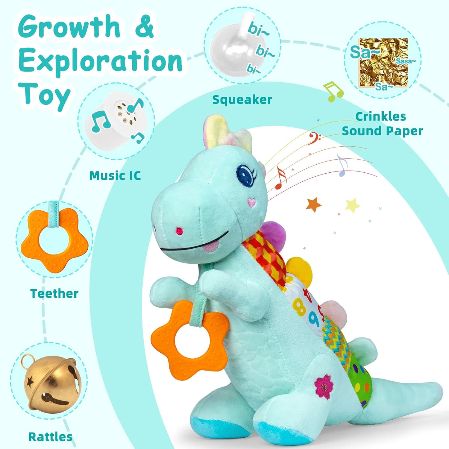 Baby Dino Plush Soft Stuffed Animal Toy for 0-3-6-12+ Months,Infant Musical Toy with