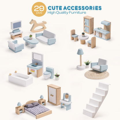 ROBOTIME Wooden Dollhouse, Wooden Doll House with 29 Pieces of Furniture, 6 Rooms Fits 4-6 Inch