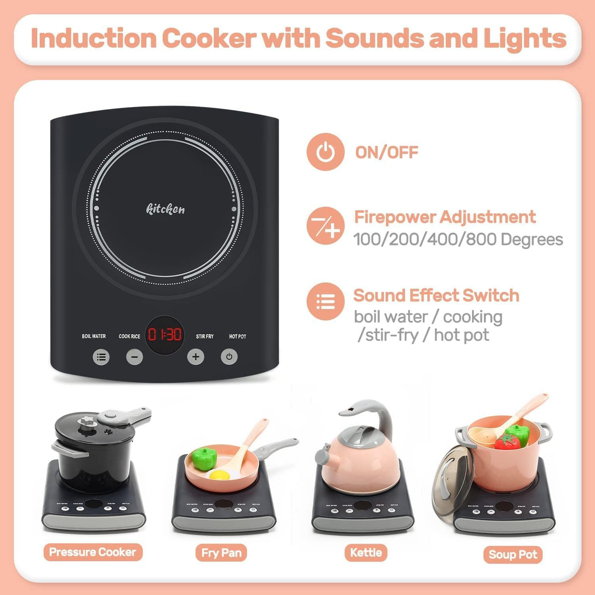CUTE STONE Play Kitchen Accessories Set, Kids Cooking Toys Set with Play Pots and Pans, Electronic