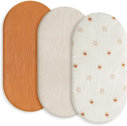 Gllquen Baby Muslin Bassinet Sheets 3 Pack, Breathable Elastic Cozy Fitted Cotton Bassinet Mattress