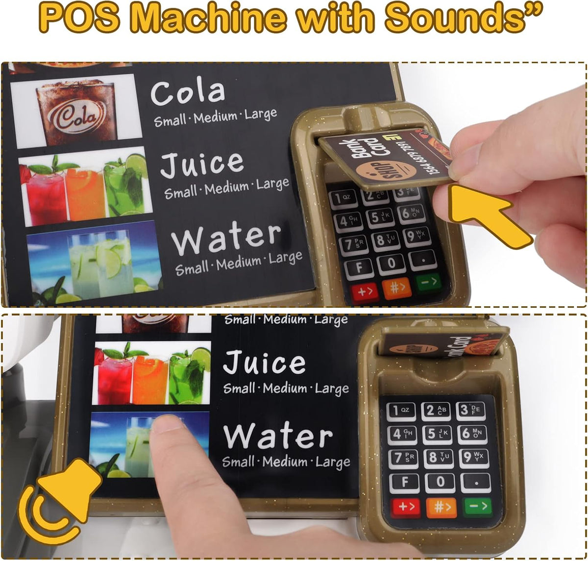 deAO Pretend Play Store Coffee Playset Kids Coffee Maker Play Set Pizzas Shop with Cash Register