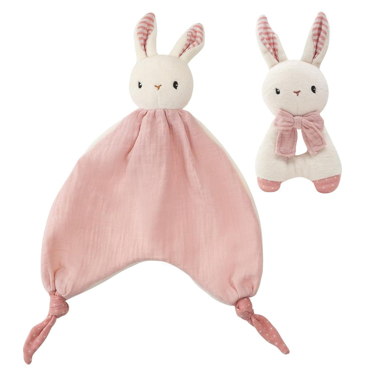 Organic Cotton Stuffed Animal Rattle Baby Toys, Plush Bunny Cuddle Cloth and Hand Grip Ring Rattles