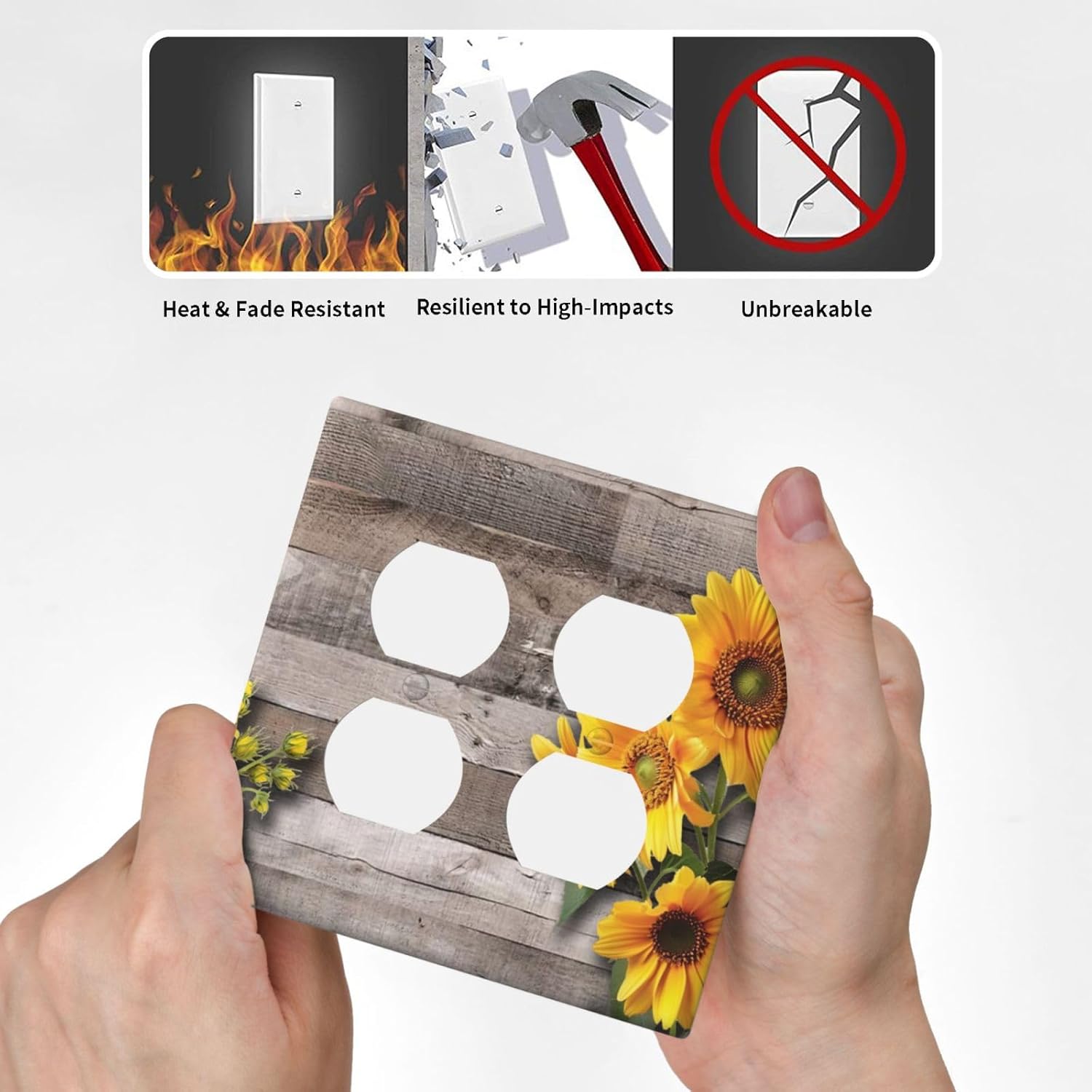 Sunflower Rustic Brown Gray Wood Outlet Covers 2 Gang Double Duplex Decorative Light Switch Covers