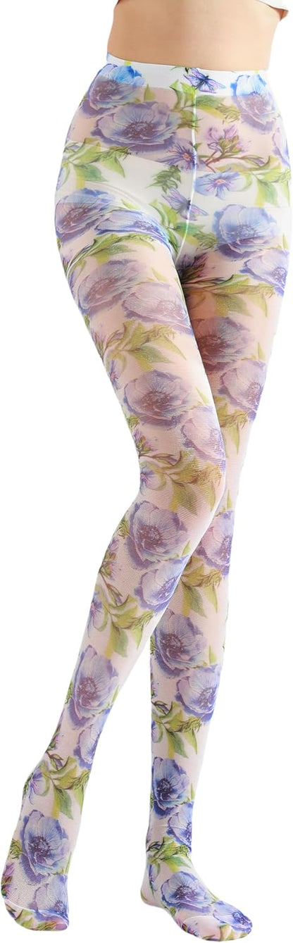 Sahabowi Women's Sheer Fashion Digital Print Fashions Stockings Metallic Silver Tights 1