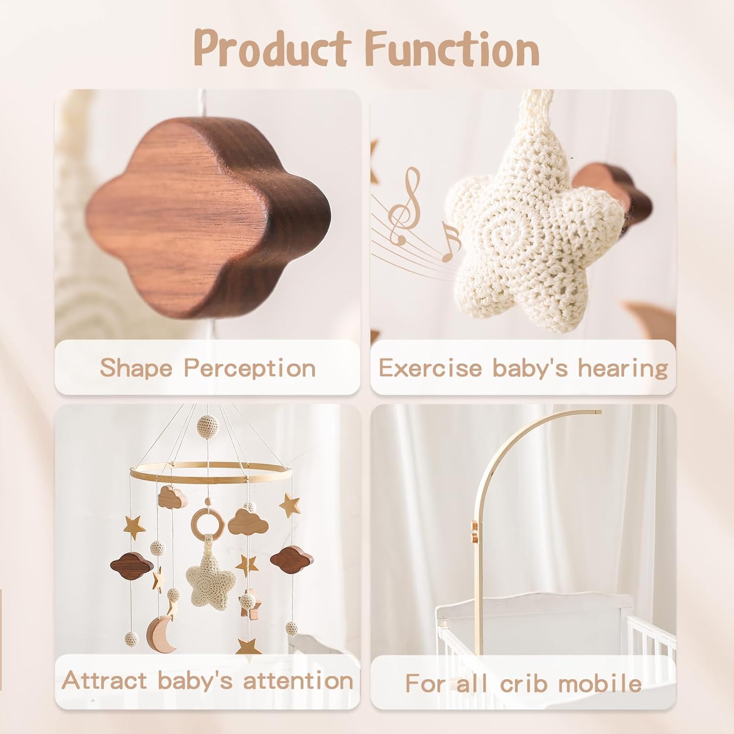 Baby Crib Mobile with Arm Boho Star Moon Nursery Mobile Set Wooden Baby Mobile Holder for Hanging