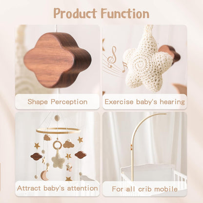 Baby Crib Mobile with Arm Boho Star Moon Nursery Mobile Set Wooden Baby Mobile Holder for Hanging
