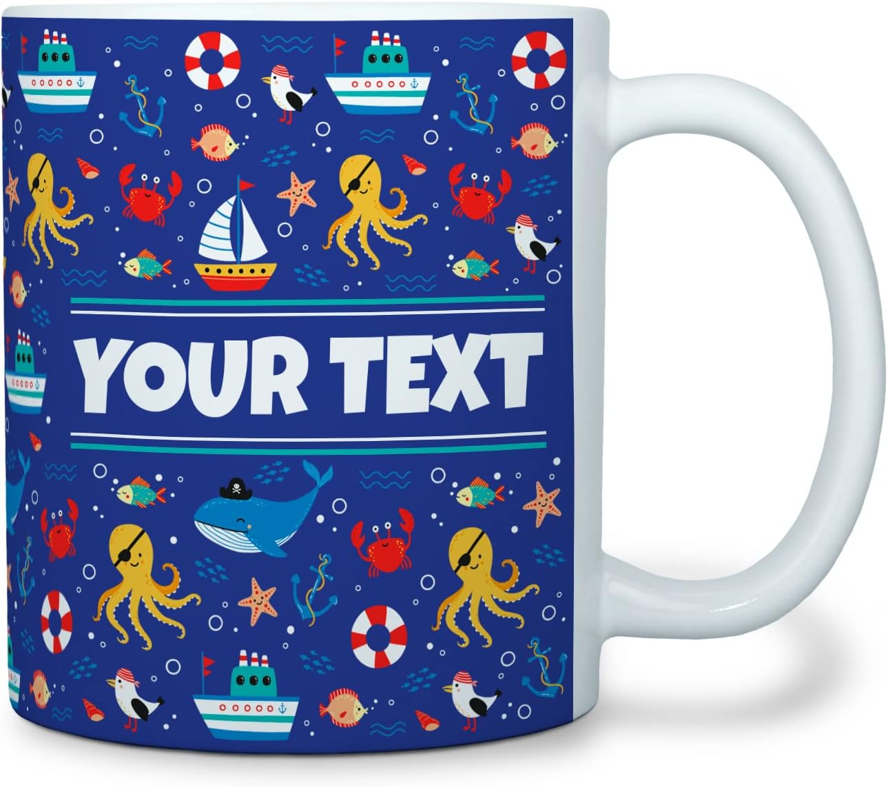 Personalized Mug for Kids - Nautical - Custom Name/Text, Ceramic Hot Chocolate/Cocoa/Coffee Cup for