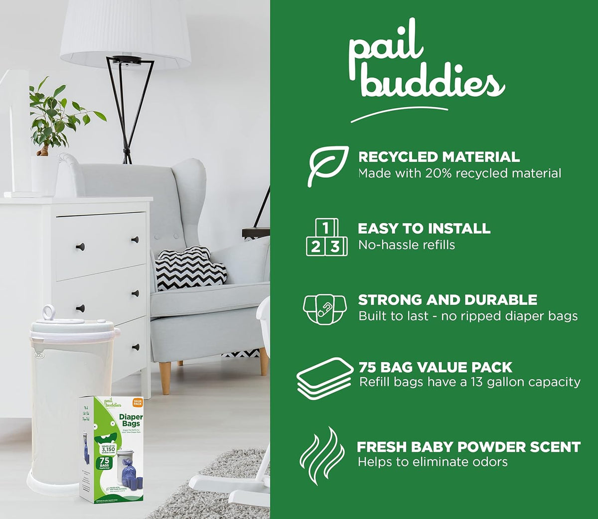 Pail Buddies Diaper Bags, 75 Count, Fresh Powder Scent, Compatible with Ubbi Diaper Pail, Made with