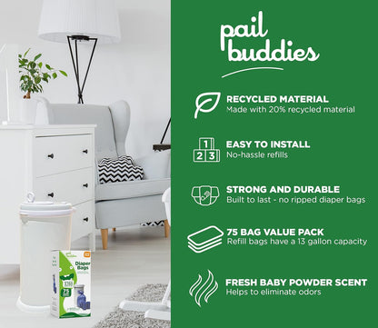 Pail Buddies Diaper Bags, 75 Count, Fresh Powder Scent, Compatible with Ubbi Diaper Pail, Made with