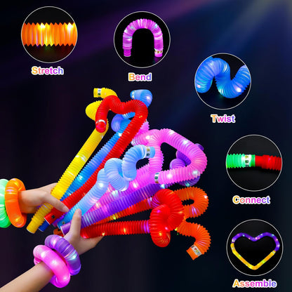 8 PCS Light Up Glow Pop Tubes, Neon Glow Sticks Party Favors for Kids 3-8-12, Fidget Stress Relief