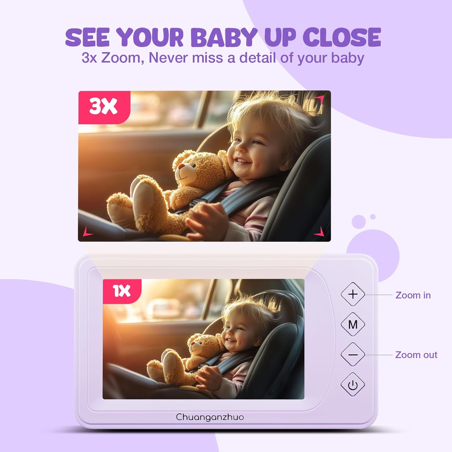 Baby Car Camera with Advanced Crystal-Clear Night Vision, 3X Zoom, USB Powered, 5'' AHD 1080P IPS