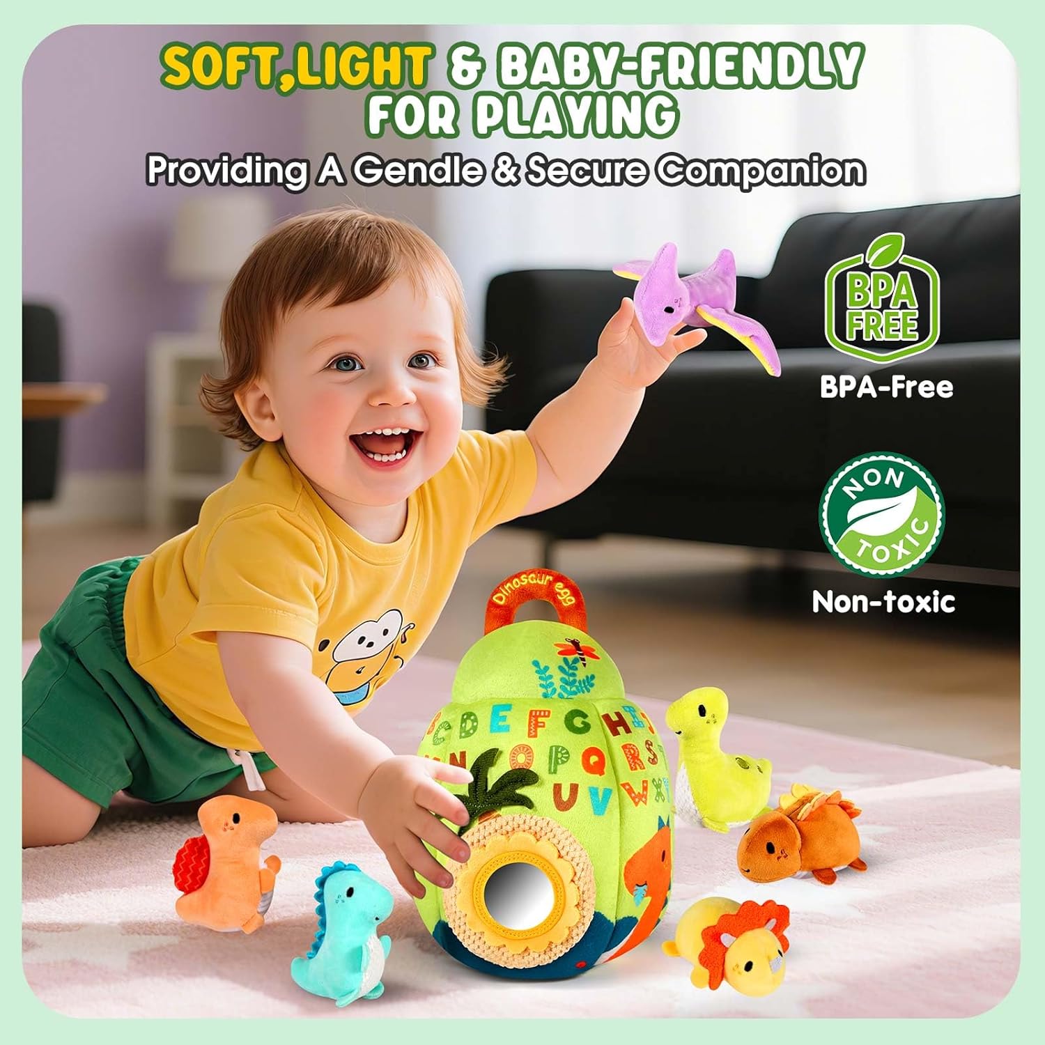 Baby Toys 6-12 Months - Soft Dinosaur Egg Toy with Rattle, Crinkle Paper, Squeaker, Mirror - Baby