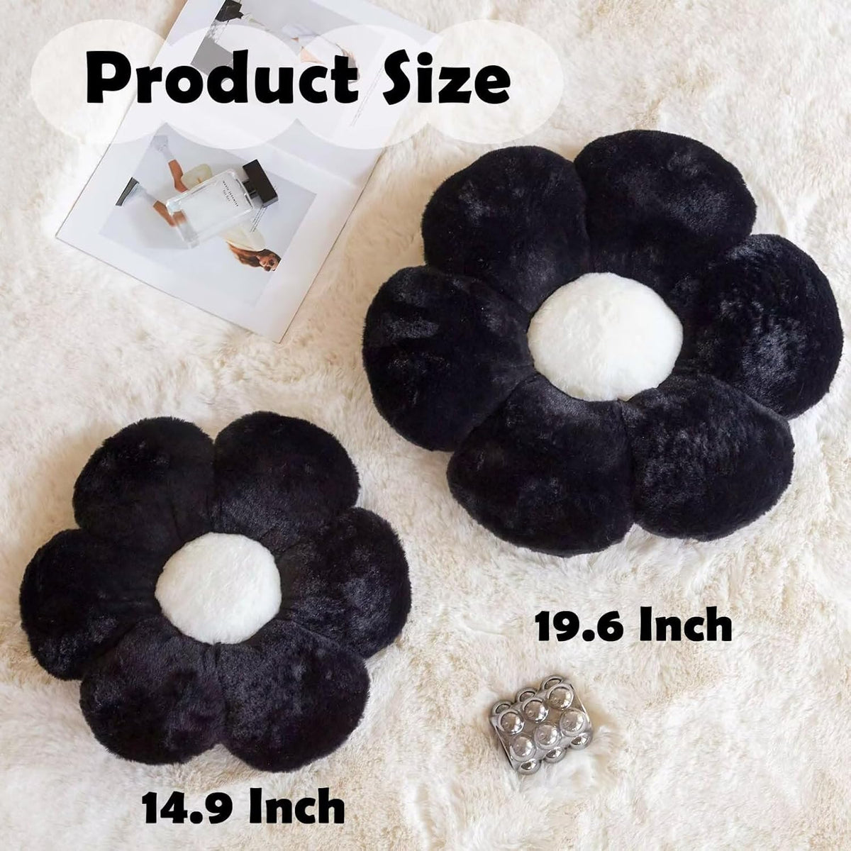 Black Flower Plush Throw Pillow, Cute Decorative Flower Shaped with Faux Rabbit Fur, 19.6" Soft