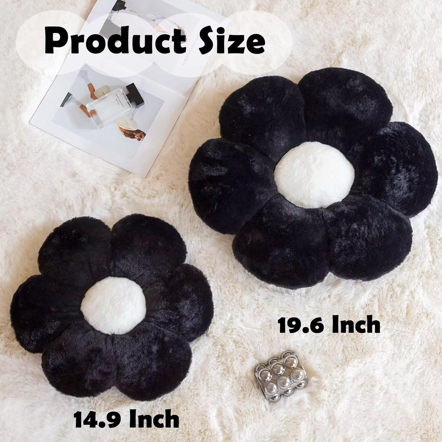 Black Flower Plush Throw Pillow, Cute Decorative Flower Shaped with Faux Rabbit Fur, 19.6" Soft