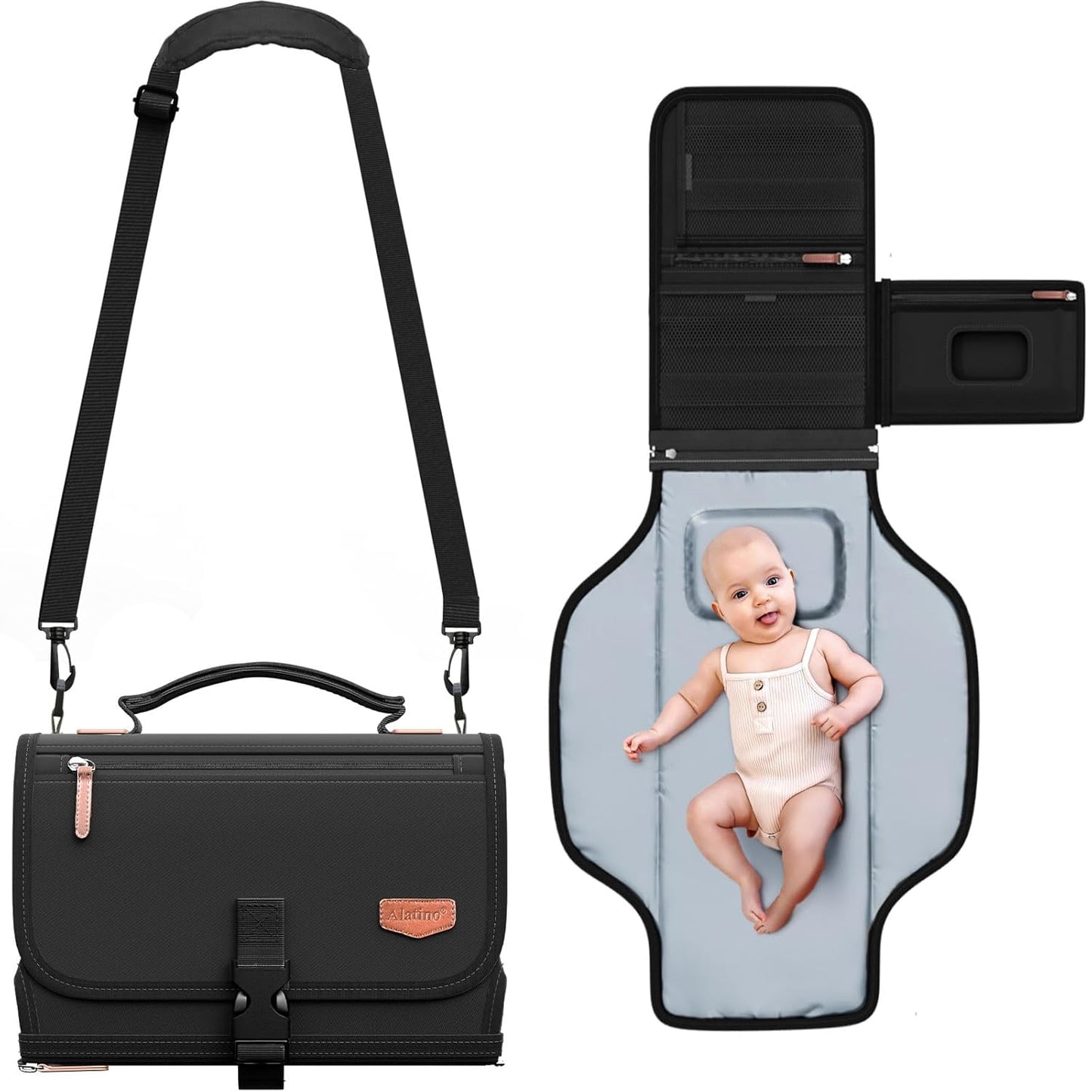 Portable Diaper Changing Pad with Shoulder Strap, Detachable Travel Changing Pad with Baby Wipes