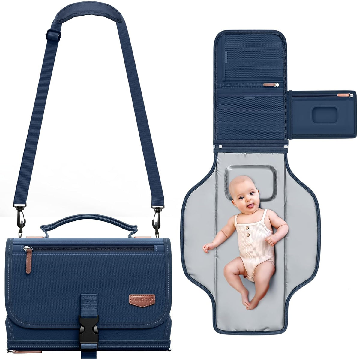 Portable Diaper Changing Pad with Shoulder Strap, Detachable Travel Changing Pad with Baby Wipes