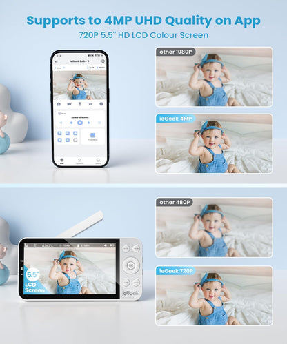 ieGeek 5.5" Baby Monitor,Audio Monitor with 2.5K Ultra HD 2.4G&5Ghz WiFi Camera,Night Light,Face