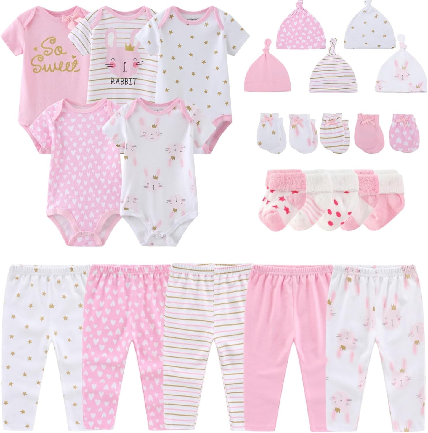 Newborn Layette Gift Set Bodysuits Pants for Baby Girl and Boy 24 Piece 100% Cotton Essentials and
