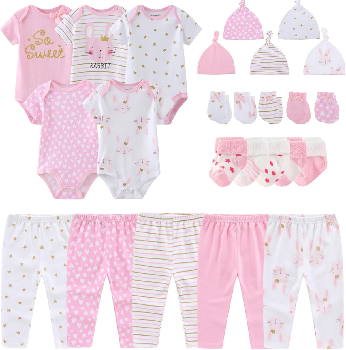 Newborn Layette Gift Set Bodysuits Pants for Baby Girl and Boy 24 Piece 100% Cotton Essentials and