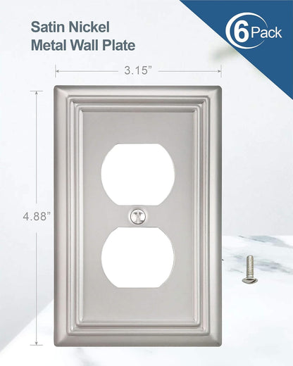 6-Pack Duplex Wall Plate, Decorative Satin Nickel Outlet Cover, Metal Wall Plates for Electrical
