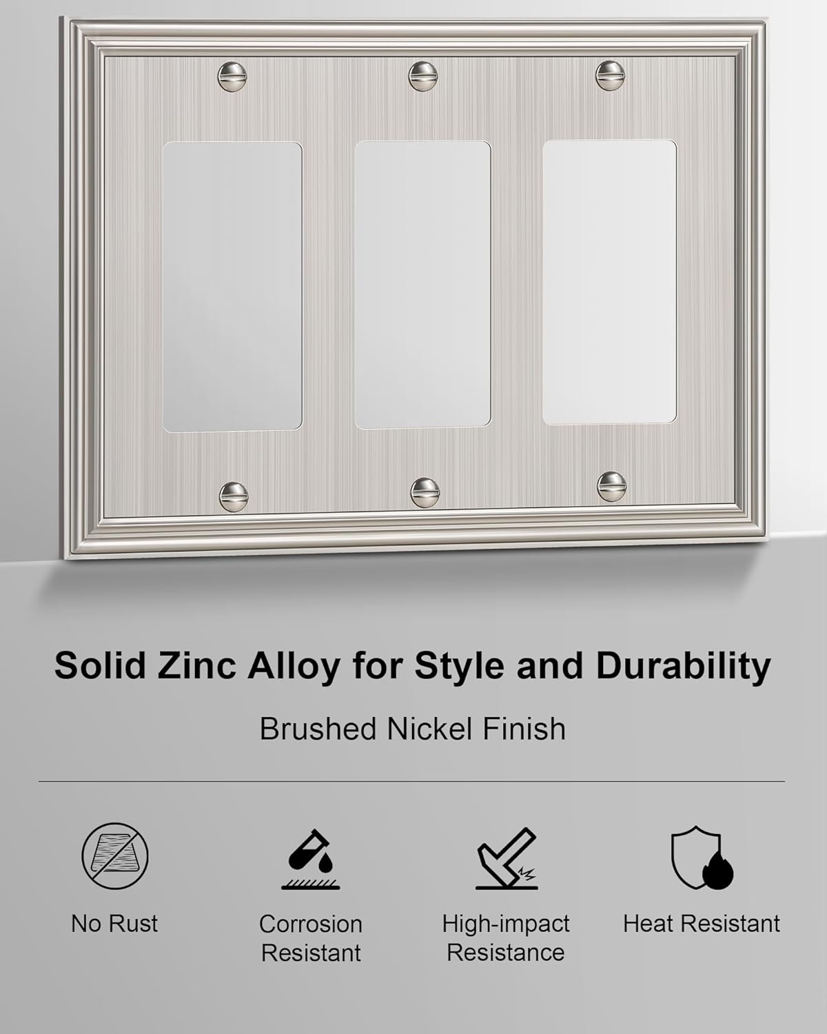 2-Pack Decorative Tripple Decorator Outlet Cover Plate, Durable Zinc Alloy Brushed Nickel Wall