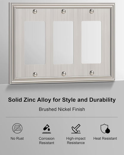 2-Pack Decorative Tripple Decorator Outlet Cover Plate, Durable Zinc Alloy Brushed Nickel Wall
