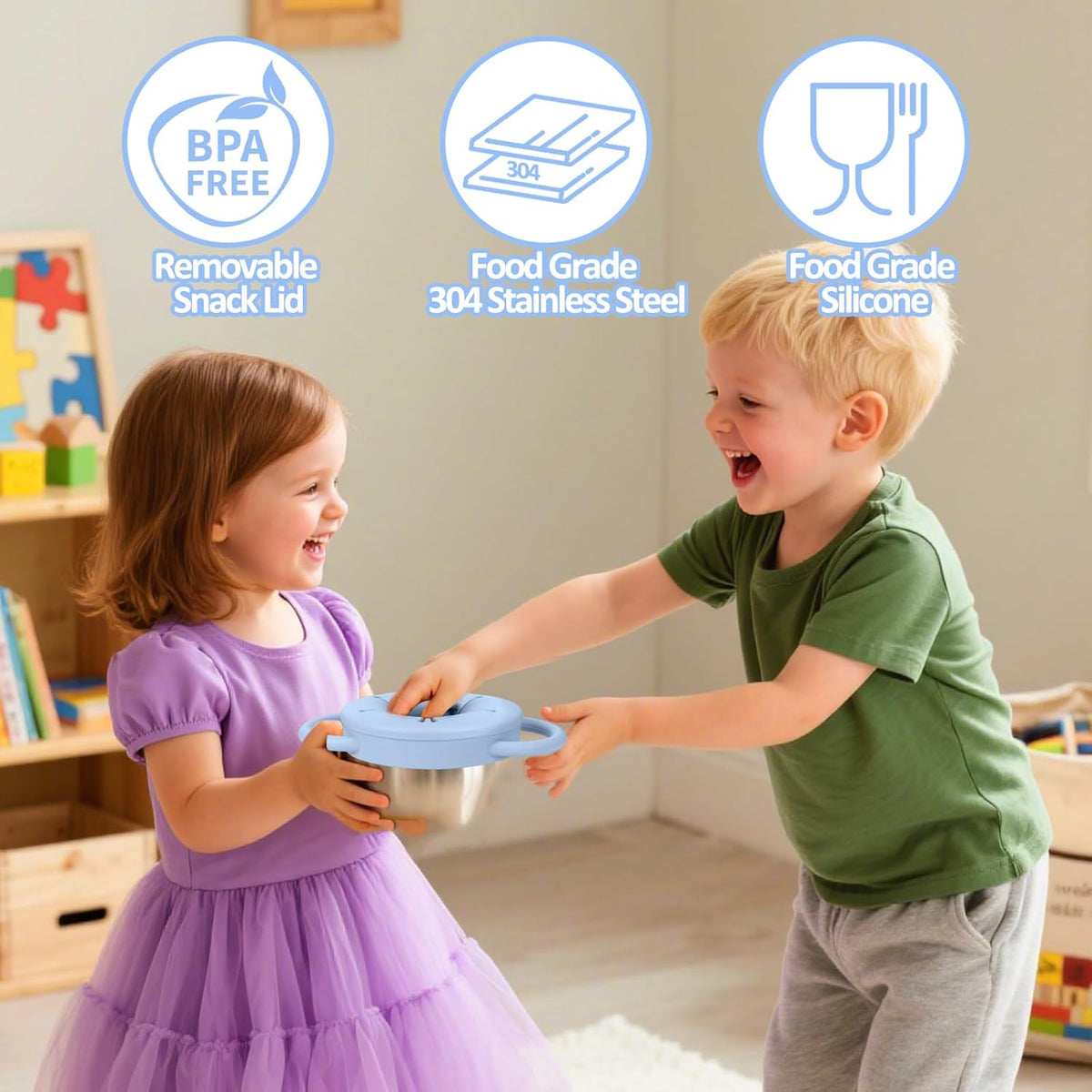 BUSOHA 2 Pack Stainless Steel Toddler Snack Cups - 9 OZ Spill-Proof Baby Snack Containers with