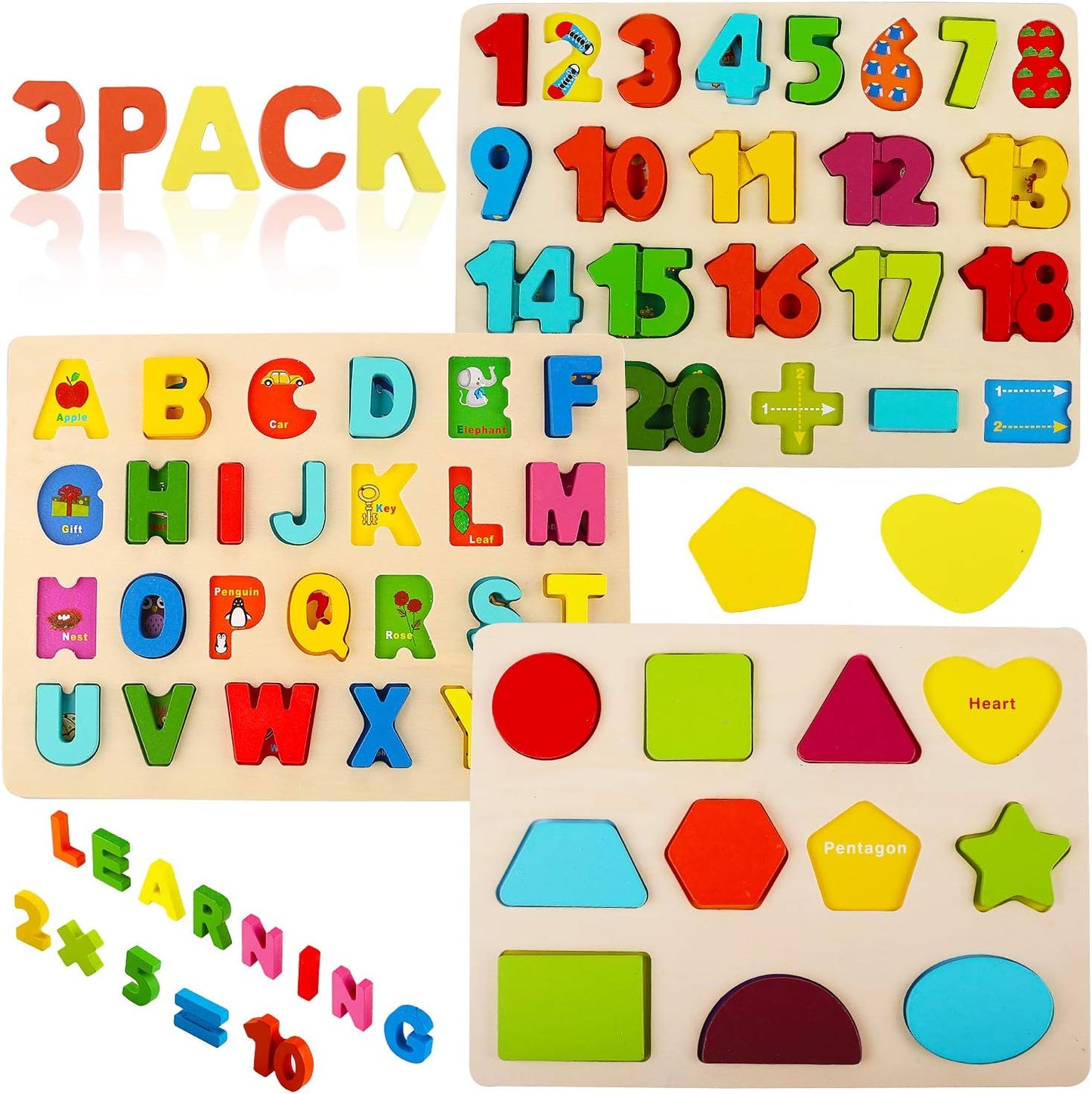 Wooden Puzzles for Toddlers, Voamuw Alphabet Number Shape Learning Puzzle for Kids Ages 3 4 5
