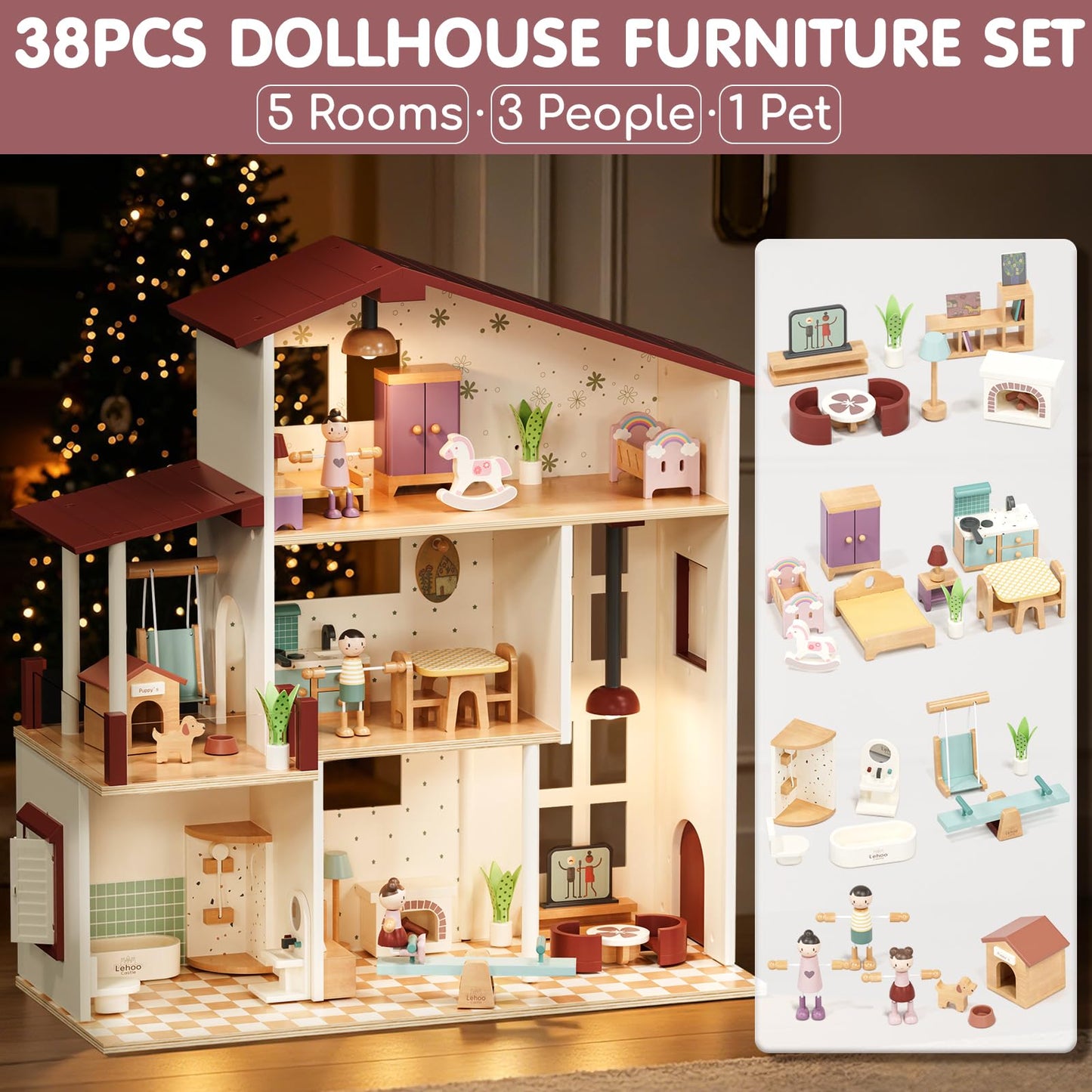 Lehoo Castle Wooden Dollhouse for Girls, Doll House with 5 Rooms DIY Play