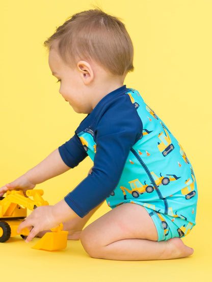 RUGGEDBUTTS Baby/Toddler Boy Swimsuit, One Piece Zipper Rash Guard Sunsuit with UPF 50+ Sun