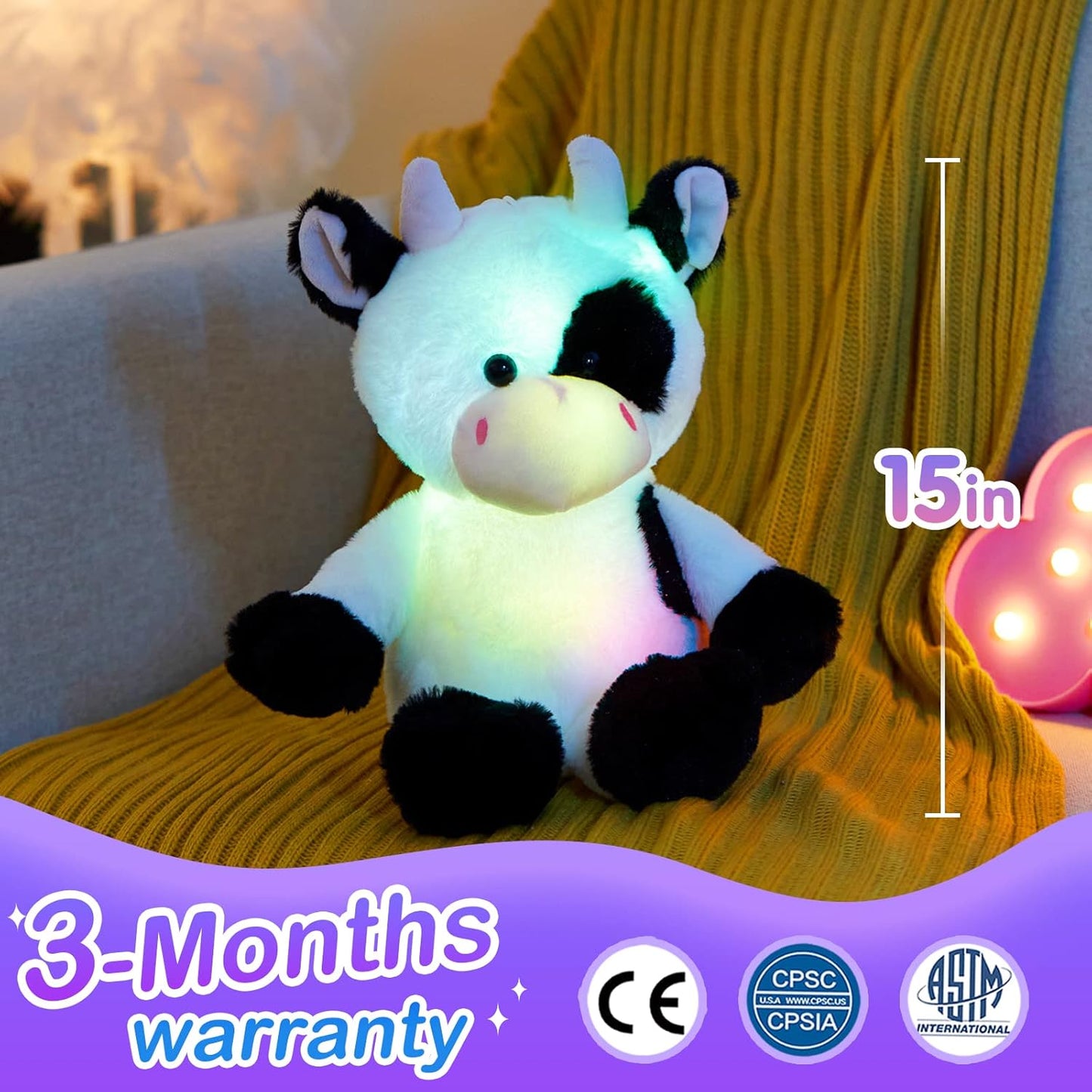 Glow Guards Light up Cow Stuffed Animal Adorable Glow Soft Farm Animal Plush Toy with LED Night