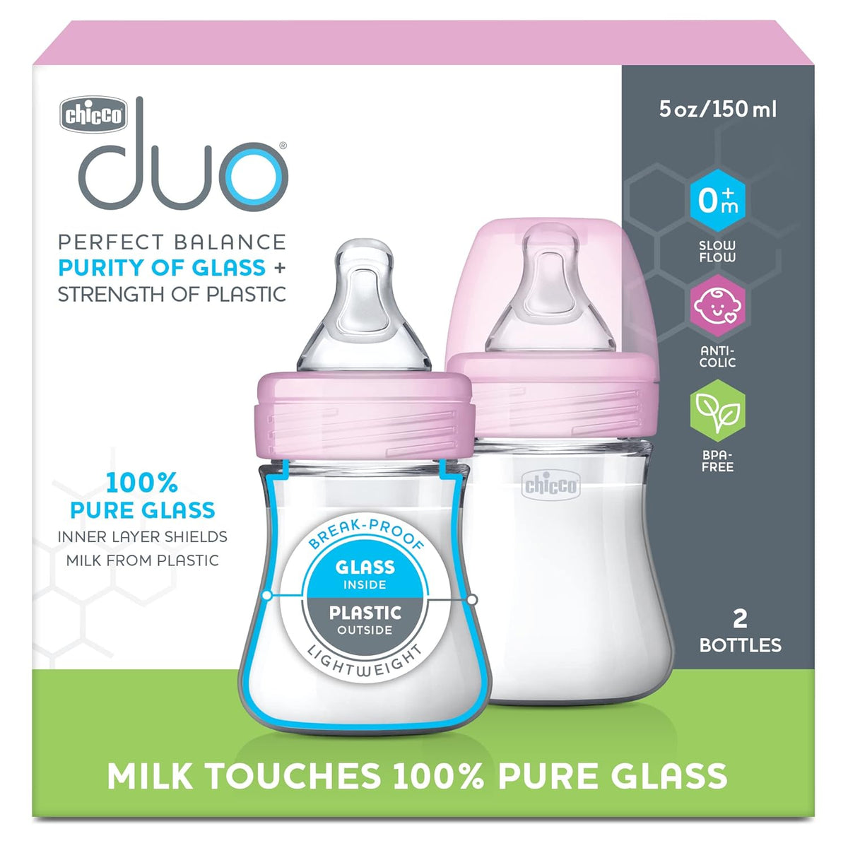 Chicco Duo 5oz. Hybrid Baby Bottle with Invinci-Glass Inside and Plastic Outside | Dishwasher