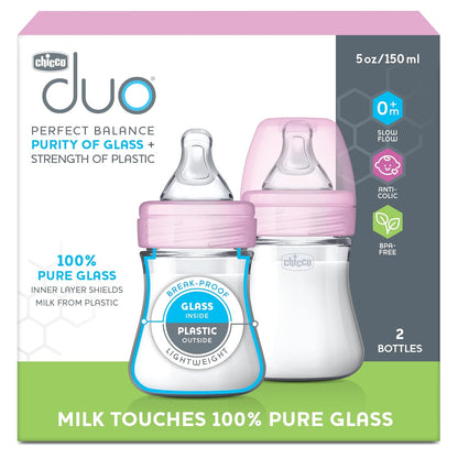 Chicco Duo 5oz. Hybrid Baby Bottle with Invinci-Glass Inside and Plastic Outside | Dishwasher