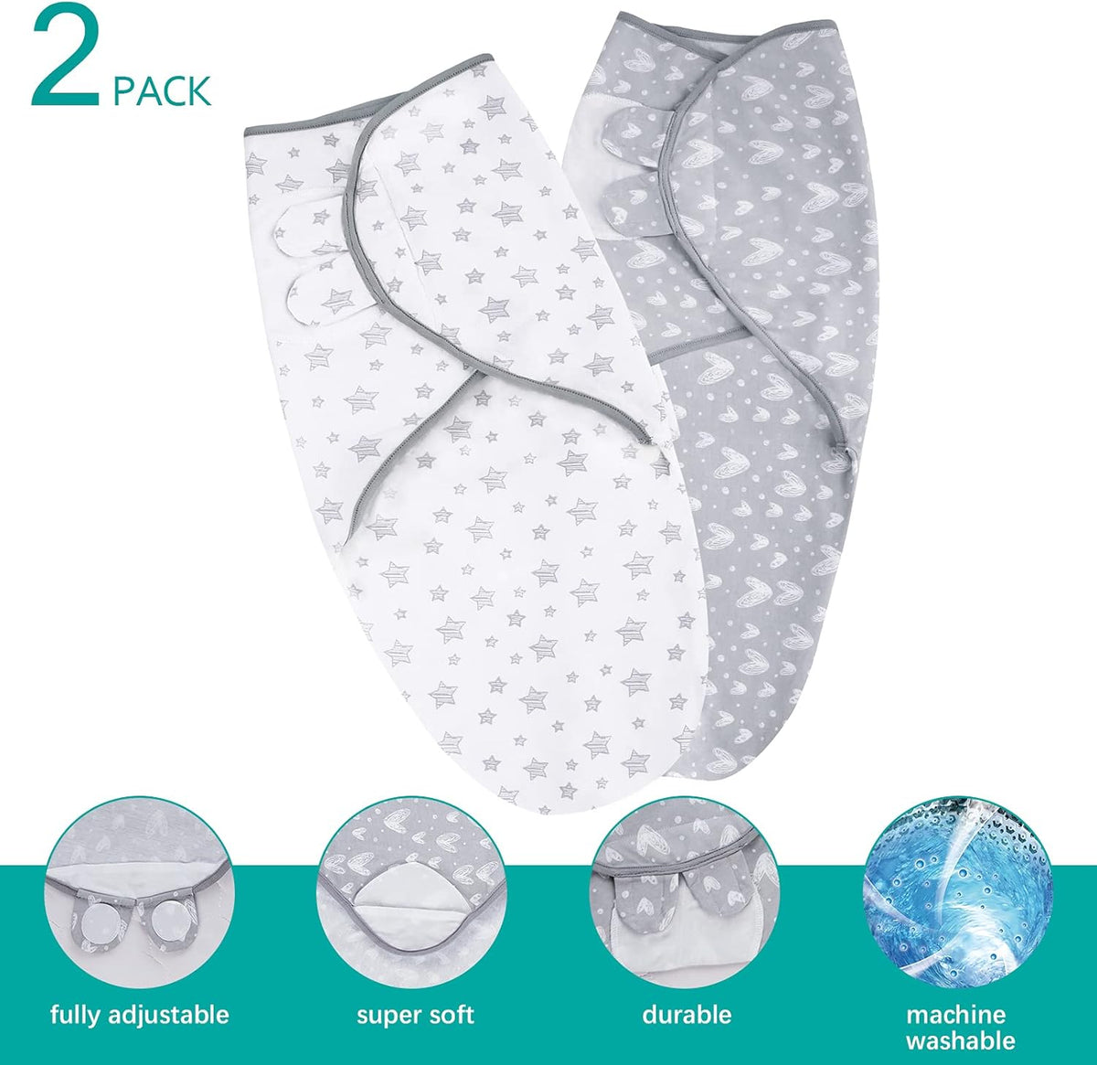 Biloban Baby Swaddles 0-3 Months for Boy Girls, Newborn, Organic Cotton Adjustable Blanket, Lovely