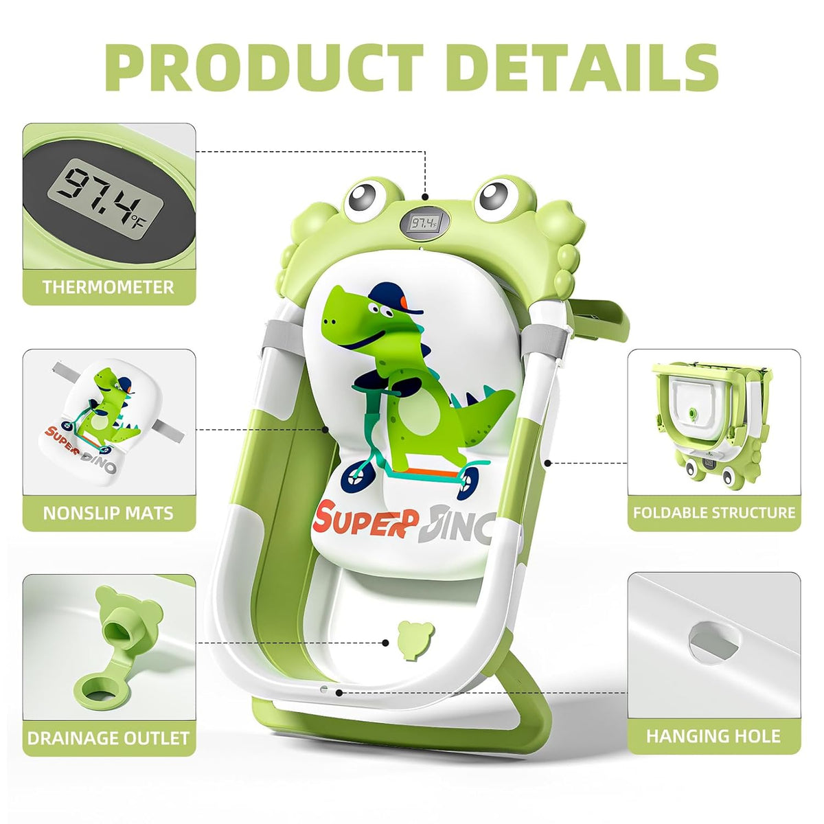 Collapsible Baby Bathtub for Newborns to Toddler with Real-time Temp Monitor & Floating