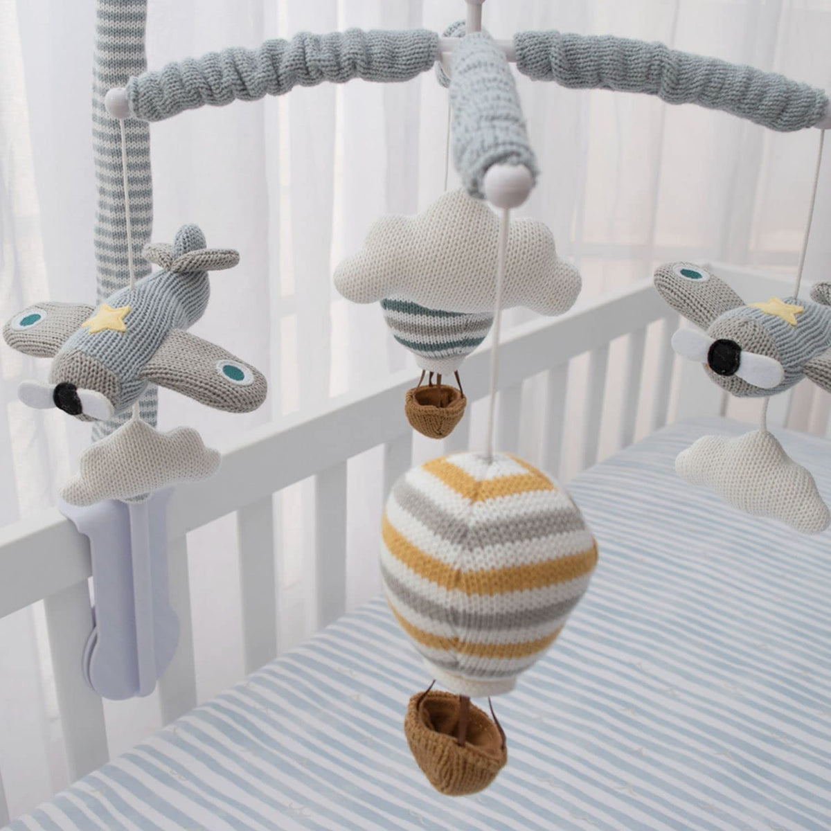 LIVING TEXTILES Baby Music Mobile - Up & Away Crib Toy, Sky Hot Air Balloon,Clouds Planes, Musical