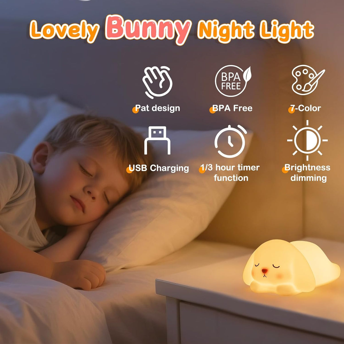 Tremdwoto Bunny Night Light for Kids - 16 Color Changing, Rechargeable Dimmable Nursery Lamp with