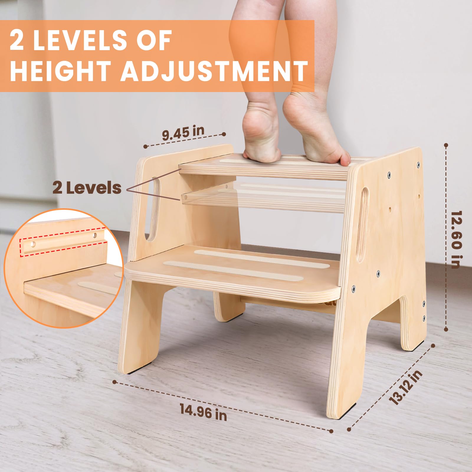 Toddler Step Stool, Wooden Height-Adjustable 2-Step Stool for Kids, Potty Training Stool with