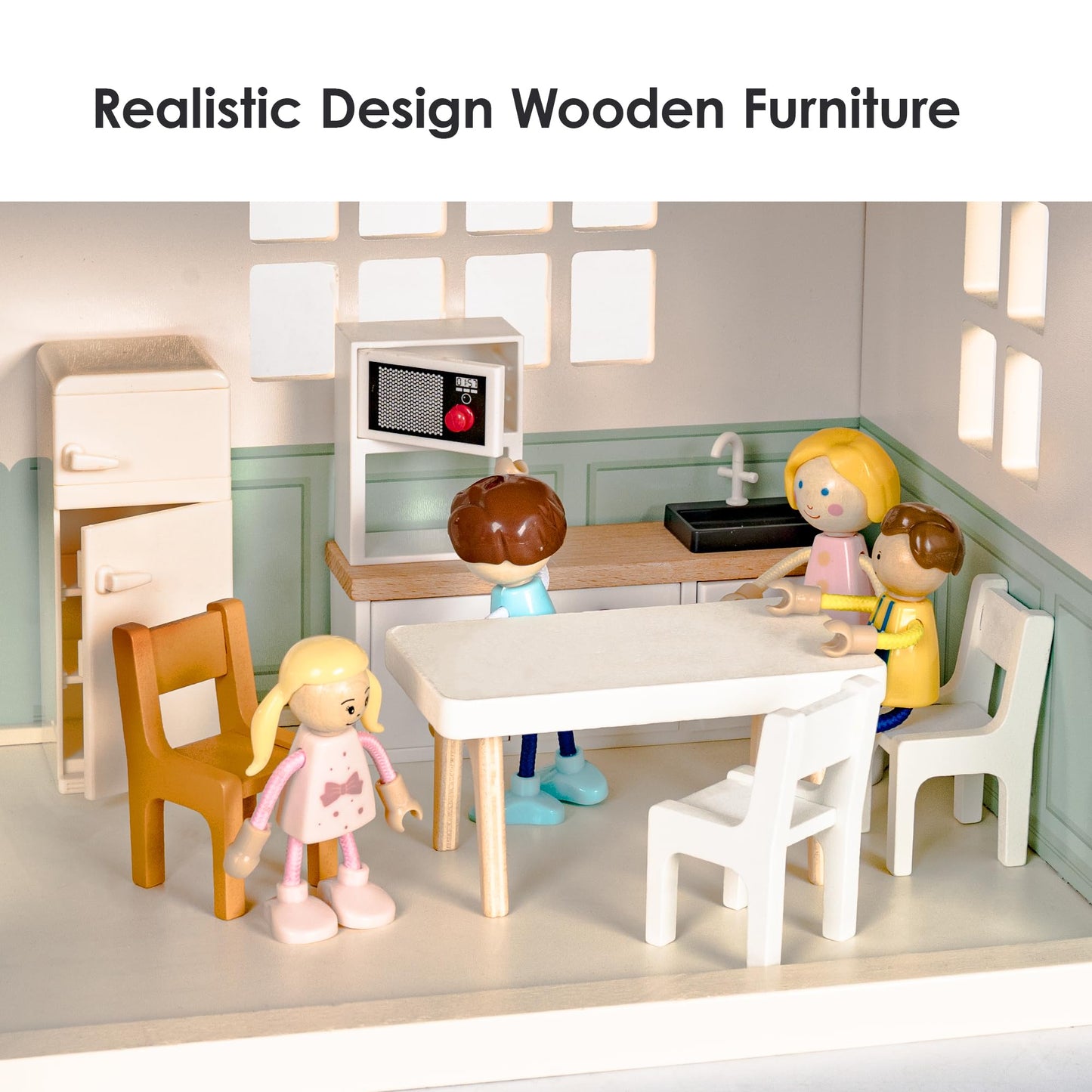 Wooden Dollhouse for Kids, 6-Room Modern-Style Toy Doll House Playset