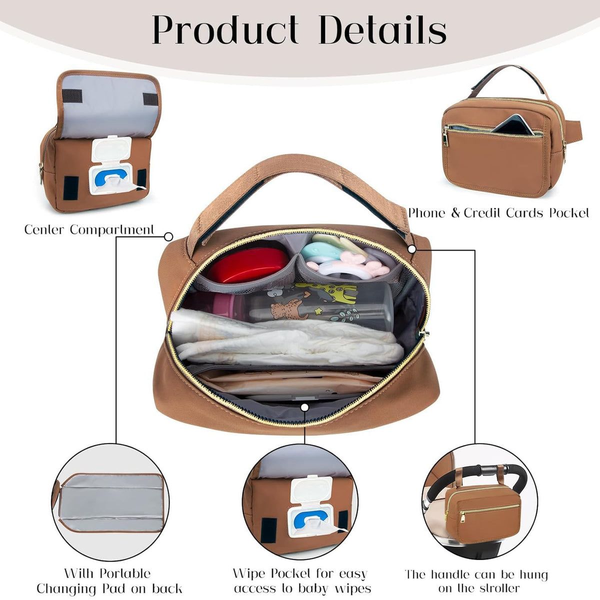 printe Small Diaper Bag with Portable Changing Pad, Crossbody Diaper Pack with Wipes Pocket, Women