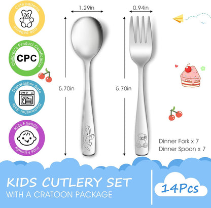 14-Piece Toddler Flatware, Kids Utensils Stainless Steel Cutlery Set, Children Safe Spoons and