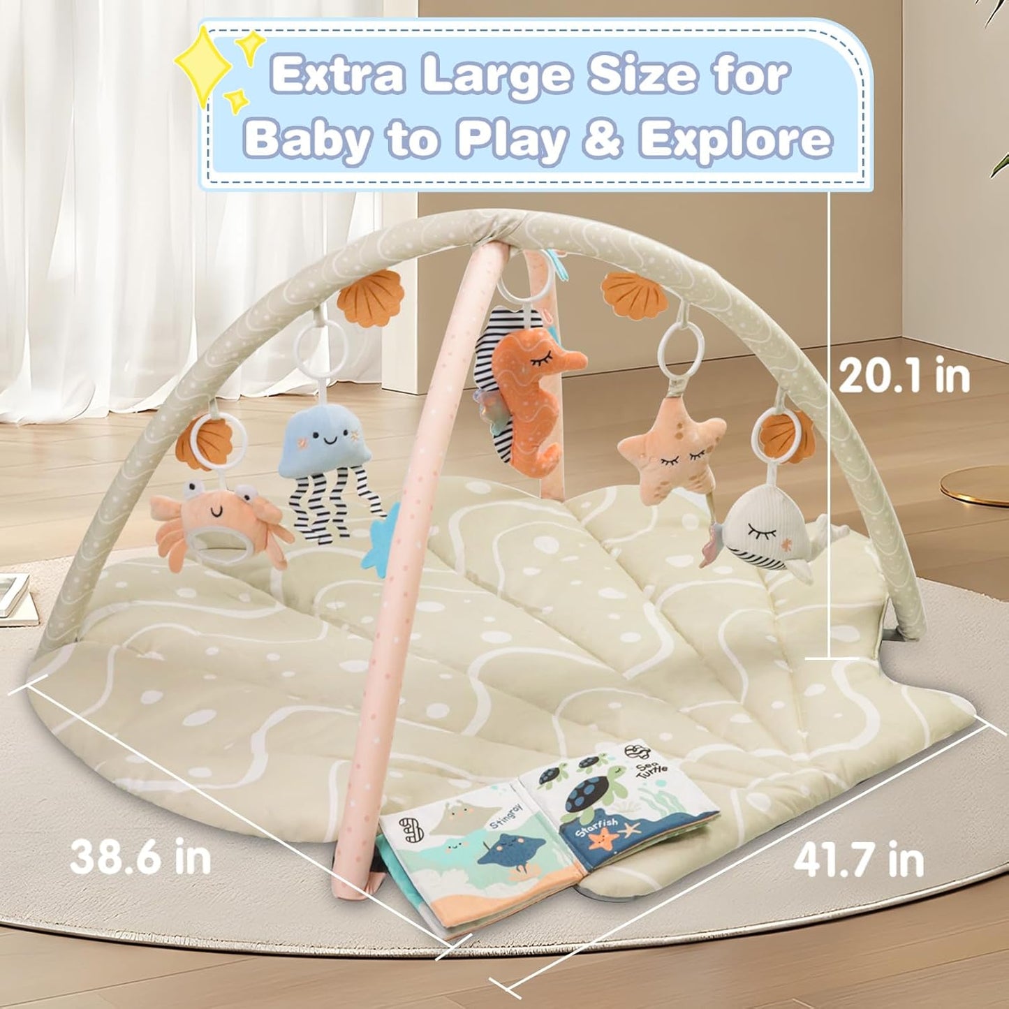 Baby Play Mat, Oversize Shell Tummy Time Mat with 6 Detachable Baby Activity Toys, Baby Gyms &